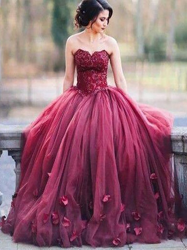 Ball Gown Sleeveless Sweetheart Applique Floor-Length Tulle Dresses 5719