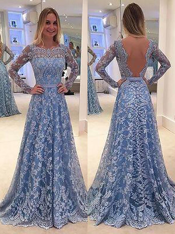 A-Line/Princess Long Sleeves Lace Floor-Length Bateau Ruffles Dresses 3759