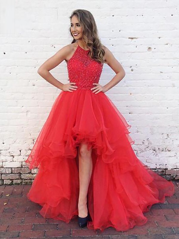 Ball Gown Halter Sleeveless Beading Sweep/Brush Train Tulle Dresses 5626