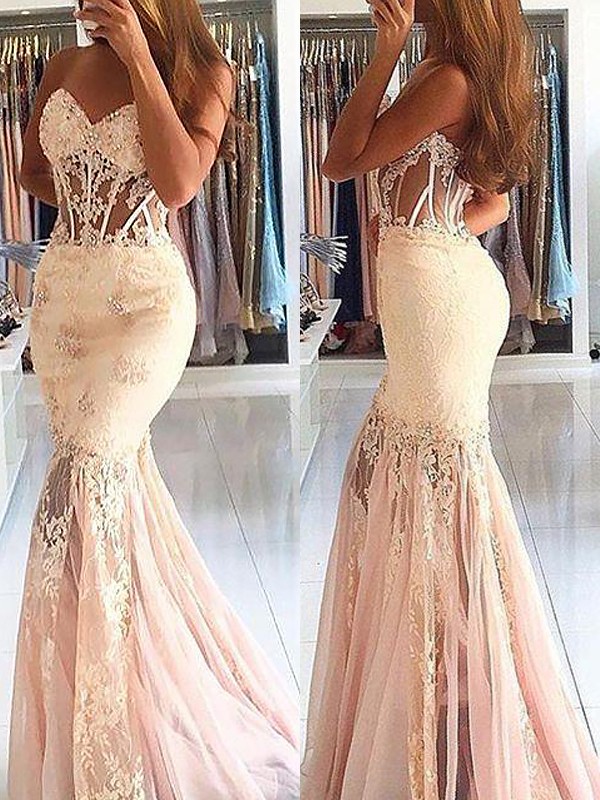 Trumpet/Mermaid Sleeveless Sweetheart Tulle Lace Sweep/Brush Train Dresses 7372