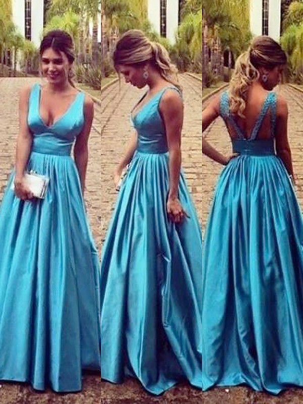 A-Line/Princess Sleeveless V-neck Elastic Woven Satin Ruched Floor-Length Dresses 4643