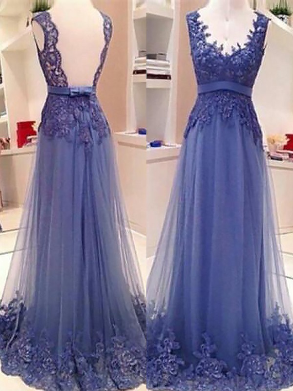 A-Line/Princess Sleeveless V-neck Tulle Applique Floor-Length Dresses 4675