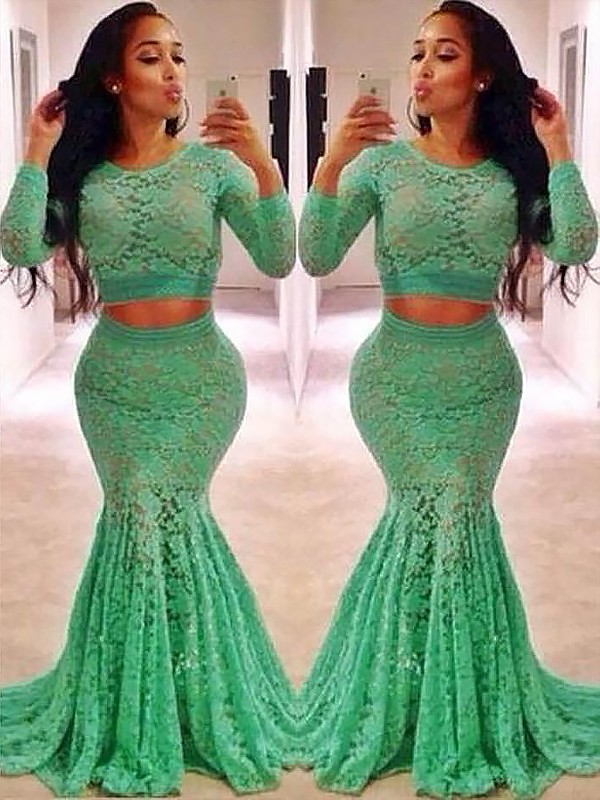 Trumpet/Mermaid Scoop Long Sleeves Lace Ruffles Sweep/Brush Train Two Piece Dresses 7267