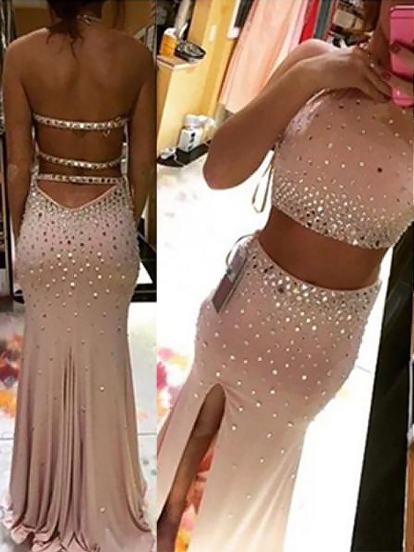 Sheath/Column Halter Sleeveless Beading Sweep/Brush Train Spandex Two Piece Dresses 5963