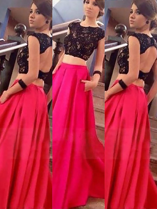 A-Line/Princess Bateau Sleeveless Satin Floor-Length Lace Two Piece Dresses 3398