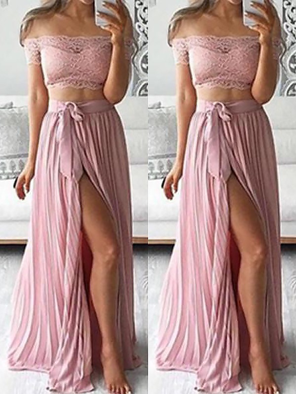 A-Line/Princess Off-the-Shoulder Sleeveless Chiffon Floor-Length Lace Two Piece Dresses 3810