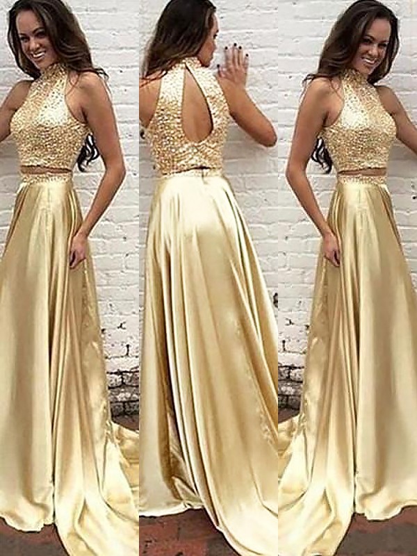 A-Line/Princess High Neck Sleeveless Silk Like Satin Sweep/Brush Train Beading Two Piece Dresses 3650