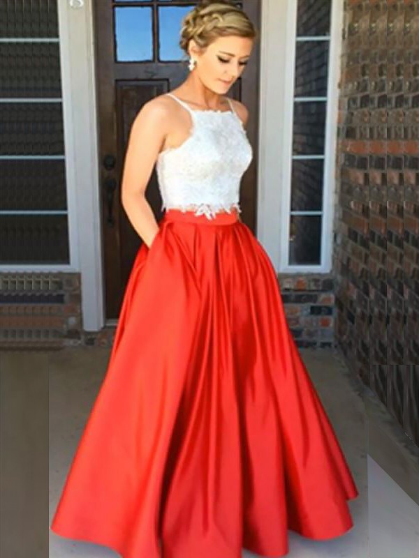 A-Line/Princess Spaghetti Straps Sleeveless Satin Floor-Length Lace Two Piece Dresses 4730