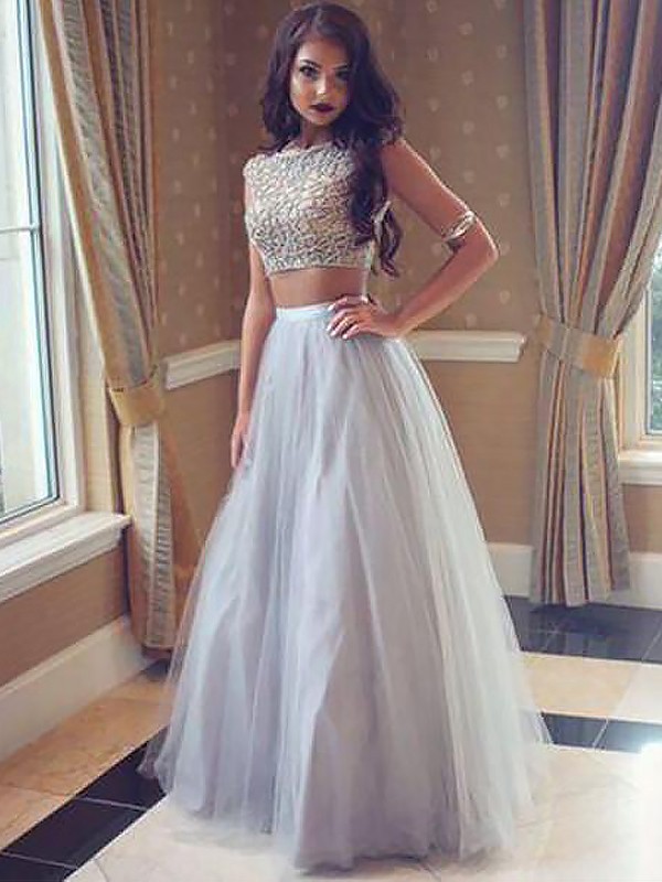 A-Line/Princess Bateau Sleeveless Tulle Floor-Length Beading Two Piece Dresses 3400