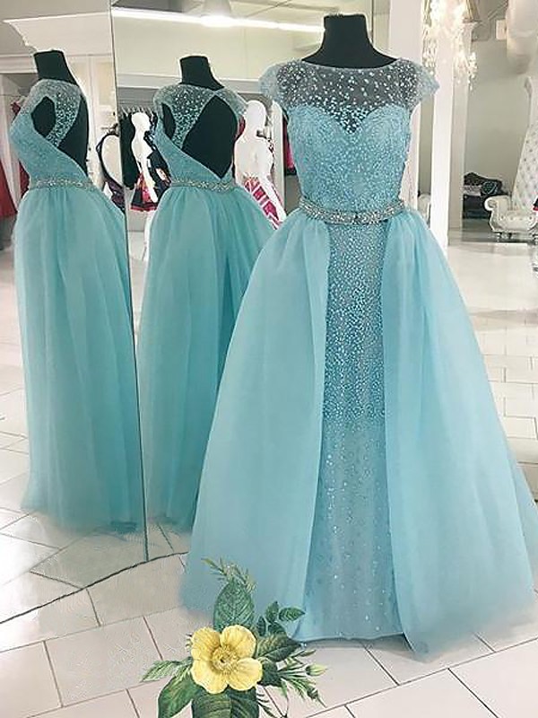 Ball Gown Sleeveless Bateau Beading Floor-Length Tulle Dresses 5692