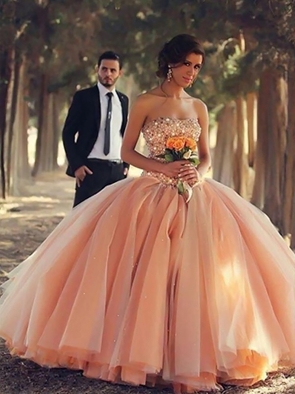 Ball Gown Sleeveless Strapless Beading Floor-Length Tulle Dresses 5717