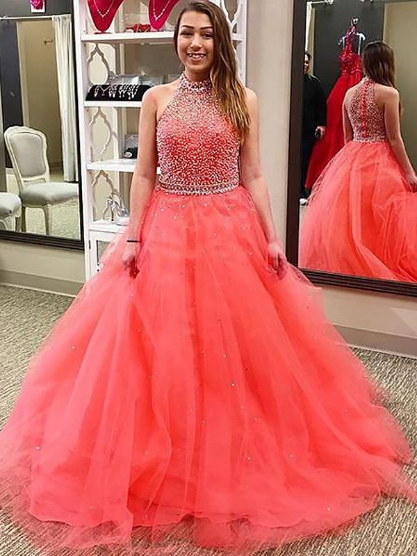 Ball Gown Sleeveless Halter Beading Floor-Length Tulle Dresses 5695