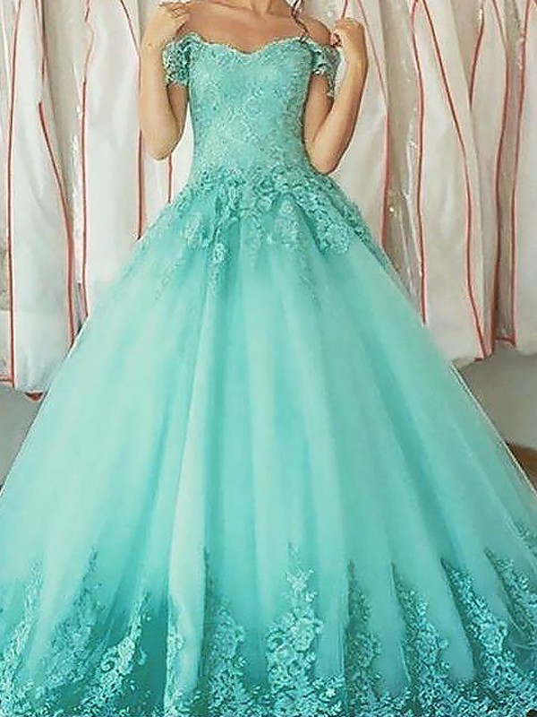 Ball Gown Sleeveless Off-the-Shoulder Applique Floor-Length Tulle Dresses 5699