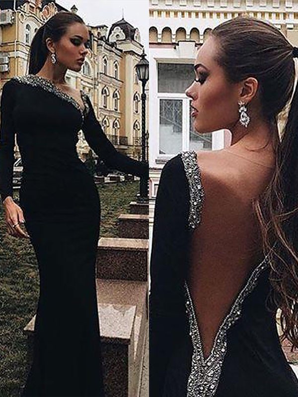 Trumpet/Mermaid Long Sleeves One-Shoulder Spandex Beading Floor-Length Dresses 7120