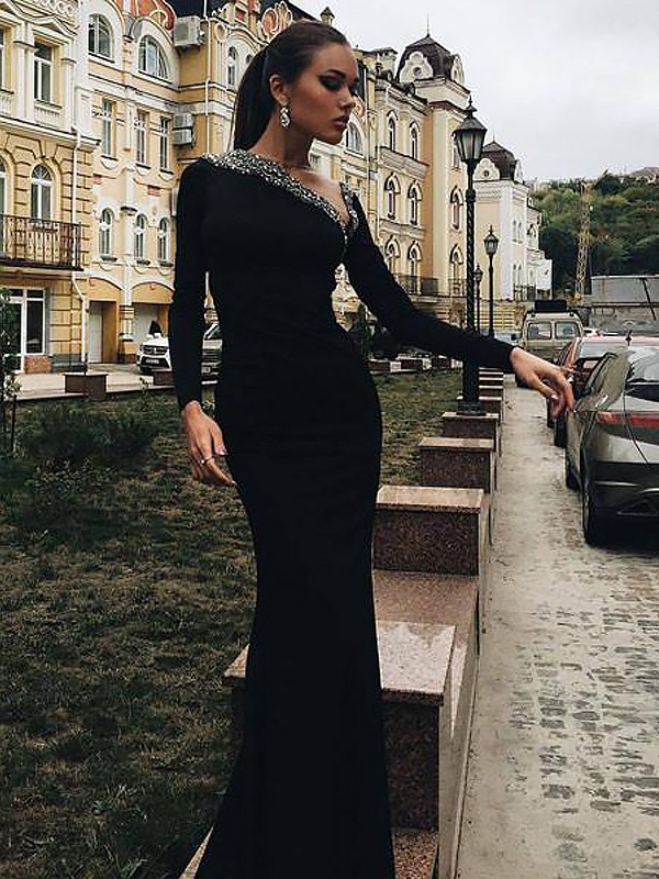 Trumpet/Mermaid Long Sleeves One-Shoulder Spandex Beading Floor-Length Dresses 7120