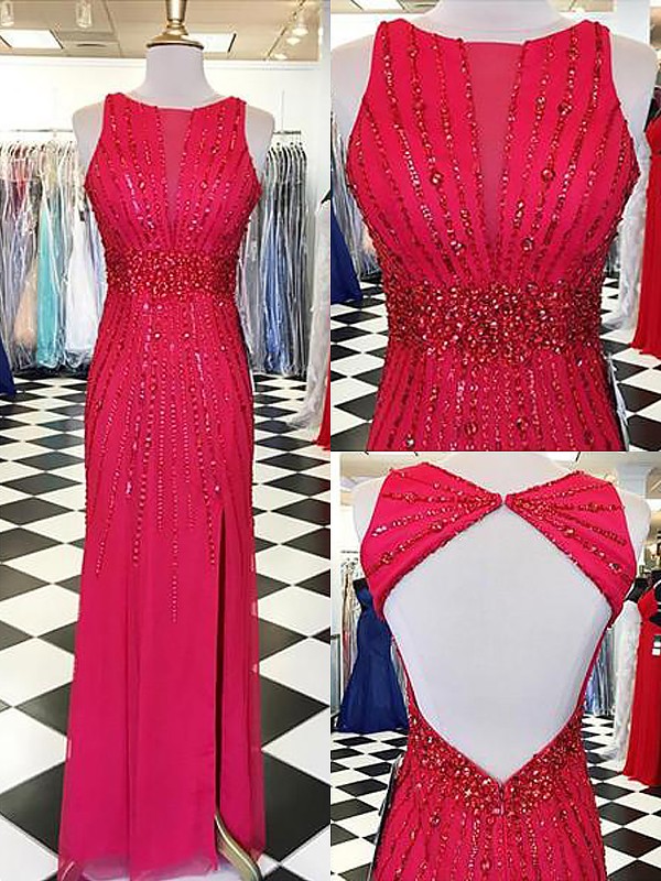 Sheath/Column Bateau Sleeveless Beading Floor-Length Chiffon Dresses 5842