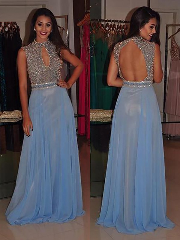 A-Line/Princess High Neck Sleeveless Sweep/Brush Train Beading Chiffon Dresses 3653