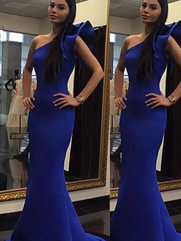 Trumpet/Mermaid Sleeveless One-Shoulder Ruffles Sweep/Brush Train Stretch Crepe Dresses 7348