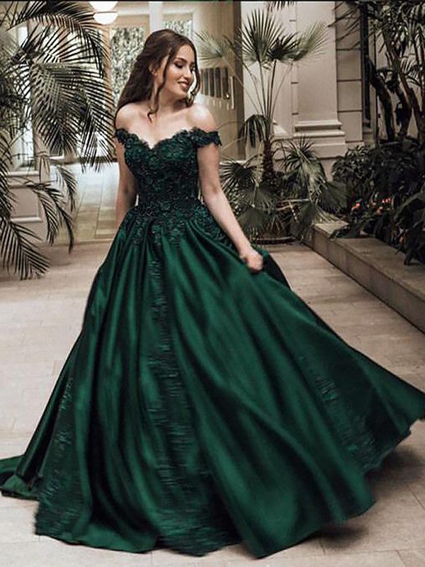 Ball Gown Off-the-Shoulder Sleeveless Floor-Length Lace Satin Dresses 5658