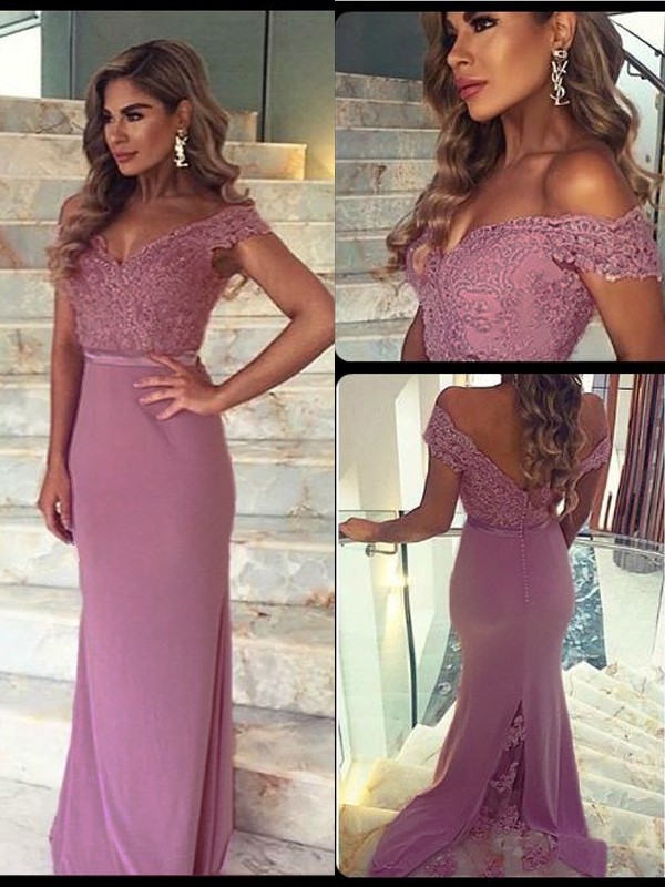 Sheath/Column Off-the-Shoulder Sleeveless Lace Floor-Length Elastic Woven Satin Dresses 6143