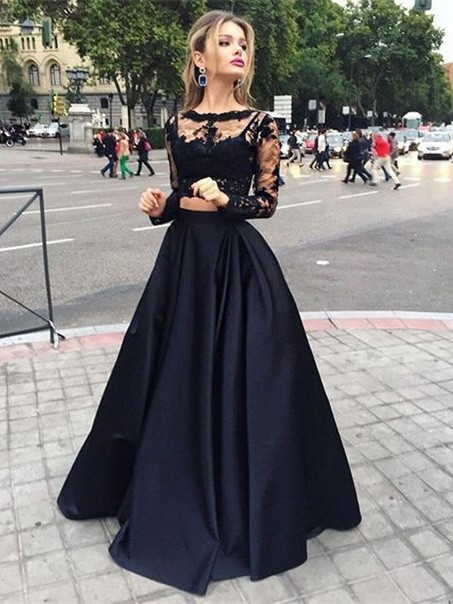 Ball Gown Long Sleeves Bateau Satin Floor-Length Dresses 5637