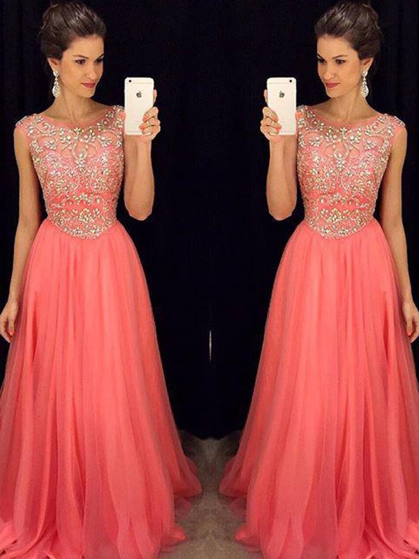 A-Line/Princess Scoop Sleeveless Beading Floor-Length Chiffon Dresses 4338