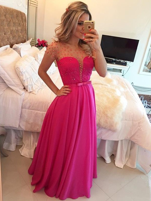 A-Line/Princess Scoop Short Sleeves Beading Floor-Length Chiffon Dresses 4332