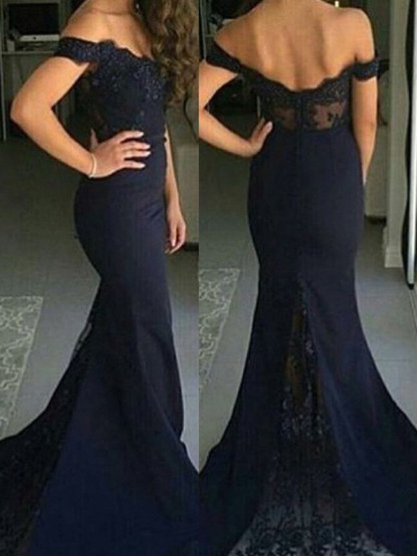 Trumpet/Mermaid Off-the-Shoulder Sleeveless Lace Sweep/Brush Train Satin Dresses 7160