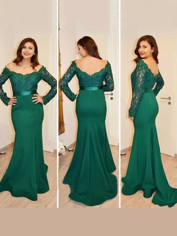 Trumpet/Mermaid Off-the-Shoulder Long Sleeves Applique Sweep/Brush Train Jersey Dresses 7141