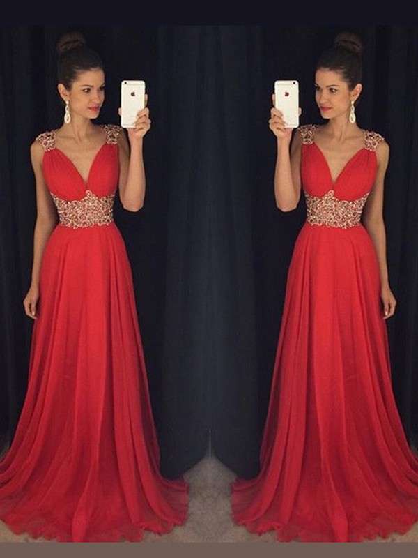 A-Line/Princess Sleeveless V-neck Beading Floor-Length Chiffon Dresses 4636