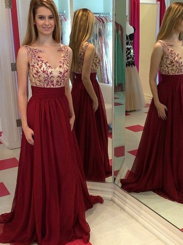 A-Line/Princess Bateau Sleeveless Applique Floor-Length Chiffon Dresses 3390