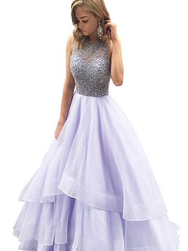 Ball Gown Scoop Sleeveless Floor-Length Beading Organza Dresses 5688