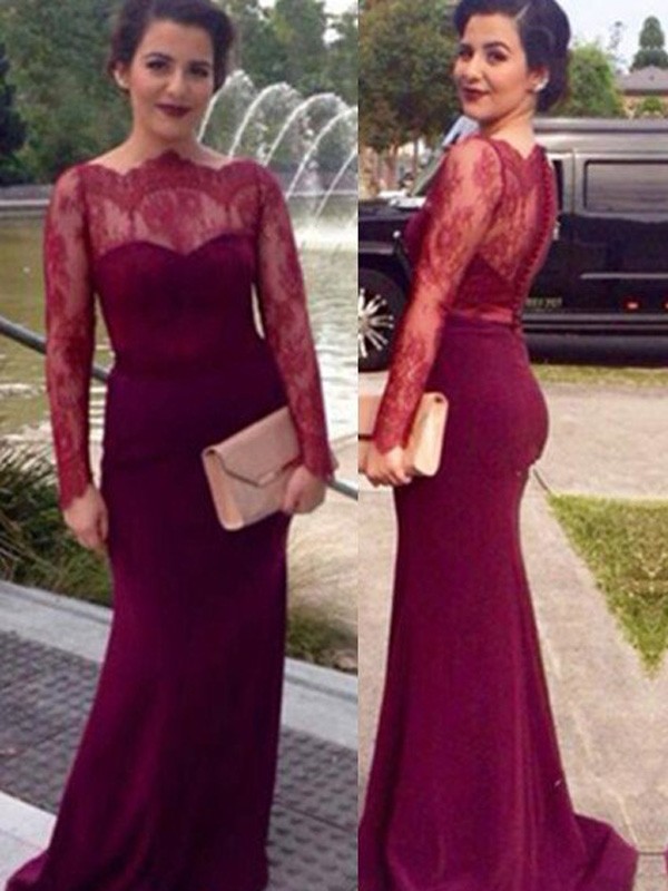 Sheath/Column Scoop Long Sleeves Lace Floor-Length Stretch Crepe Dresses 6383