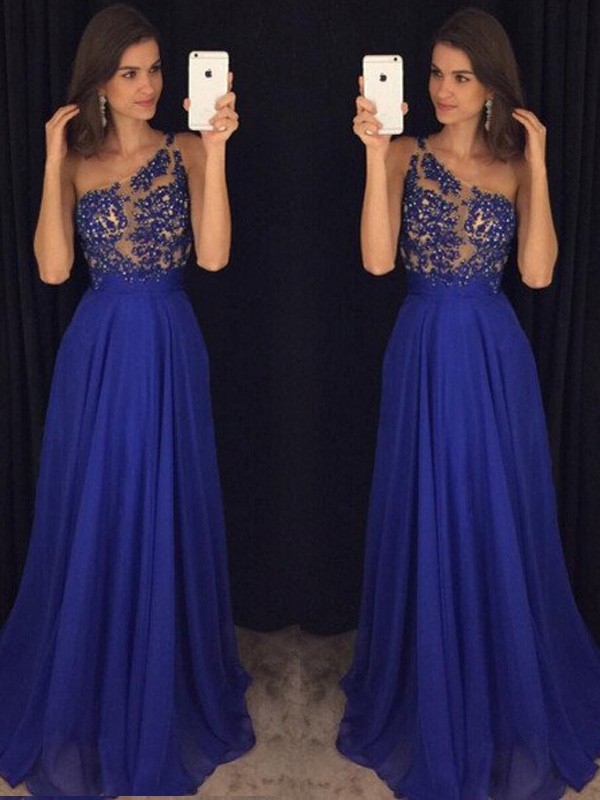 A-Line/Princess Sleeveless One-Shoulder Floor-Length Beading Chiffon Dresses 4565