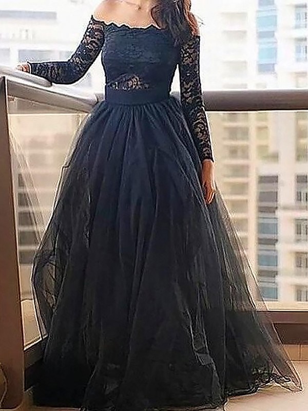 A-Line/Princess Off-the-Shoulder Long Sleeves Lace Floor-Length Tulle Dresses 3794