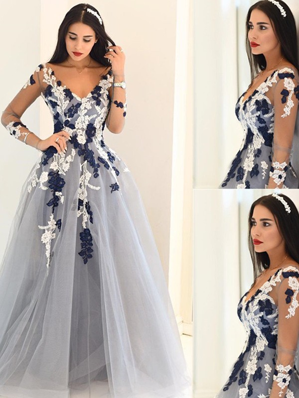 A-Line/Princess V-Neck Long Sleeves Applique Tulle Floor-Length Dresses 5462