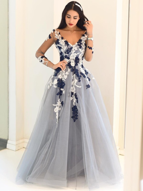 A-Line/Princess V-Neck Long Sleeves Applique Tulle Floor-Length Dresses 5462