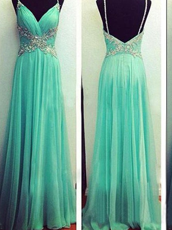 A-Line/Princess Spaghetti Straps Sleeveless Beading Floor-Length Chiffon Dresses 4709