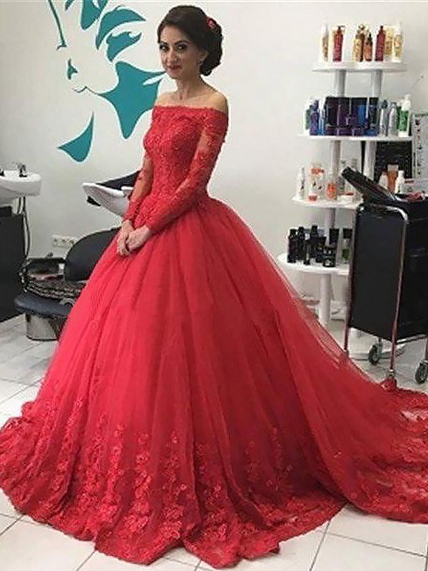 Ball Gown Off-the-Shoulder Long Sleeves Lace Tulle Court Train Dresses 5652