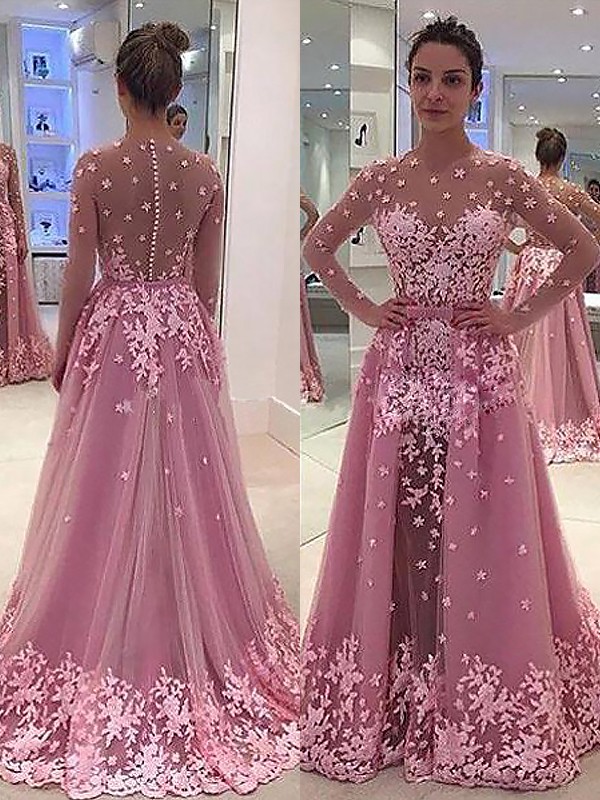 A-Line/Princess Scoop Long Sleeves Applique Tulle Floor-Length Dresses 4324