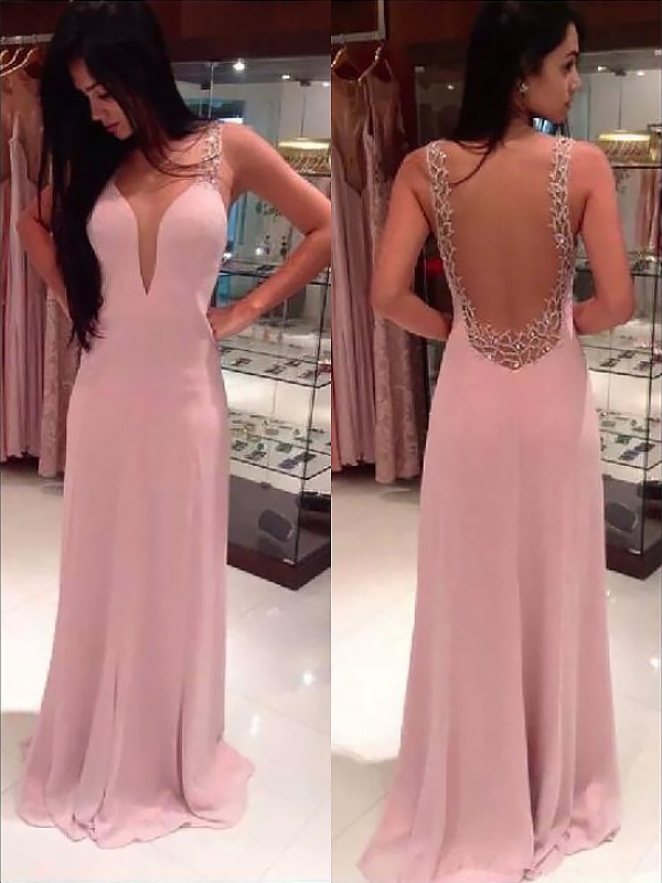 A-line/Princess Straps Sleeveless Beading Floor-length Chiffon Dresses 4838