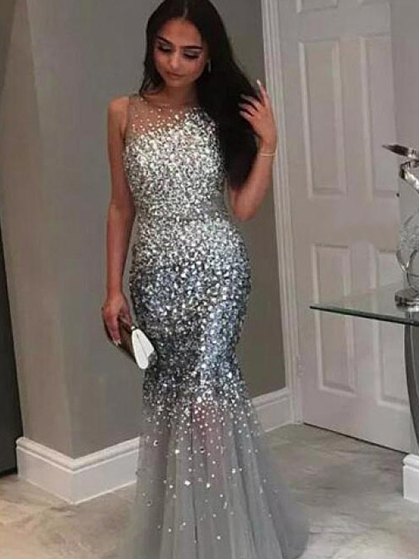 Trumpet/Mermaid Jewel Sleeveless Floor-Length Sequin Tulle Dresses 7090