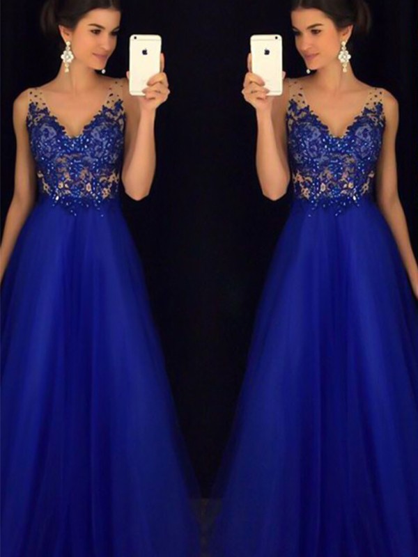 A-Line/Princess V-neck Sleeveless Floor-Length Applique Tulle Dresses 5530