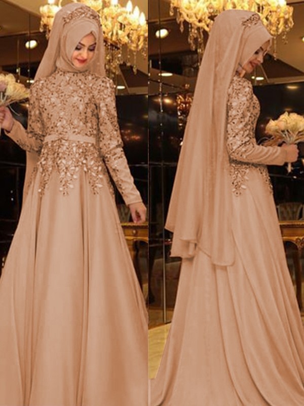 A-Line/Princess High Neck Long Sleeves Floor-Length Beading Chiffon Dresses 3633