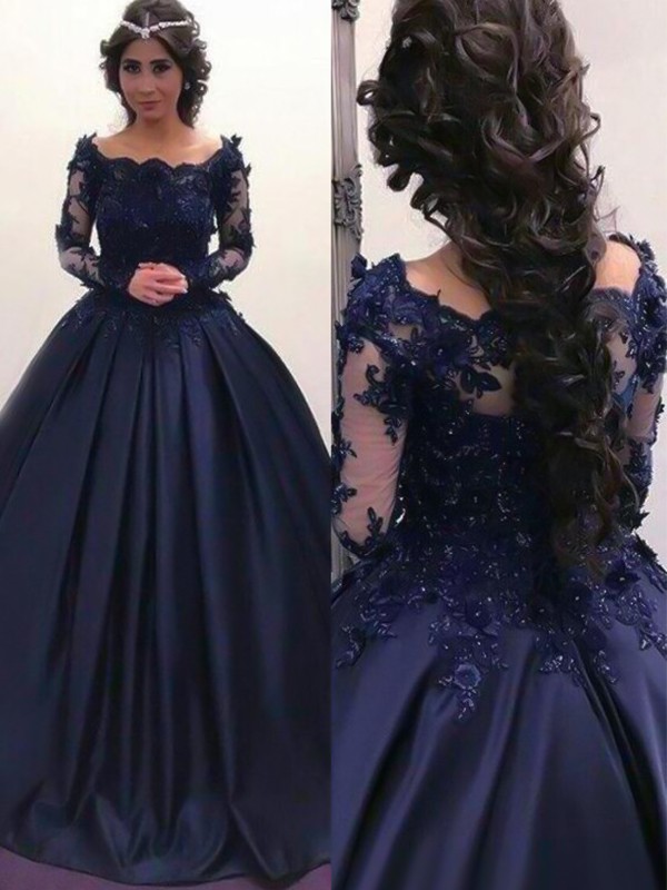 Ball Gown Bateau Long Sleeves Sweep/Brush Train Applique Satin Dresses 5619