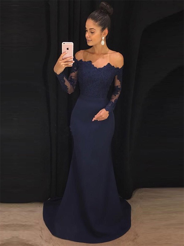 Trumpet/Mermaid Off-the-Shoulder Long Sleeves Sweep/Brush Train Lace Stretch Crepe Dresses 7147