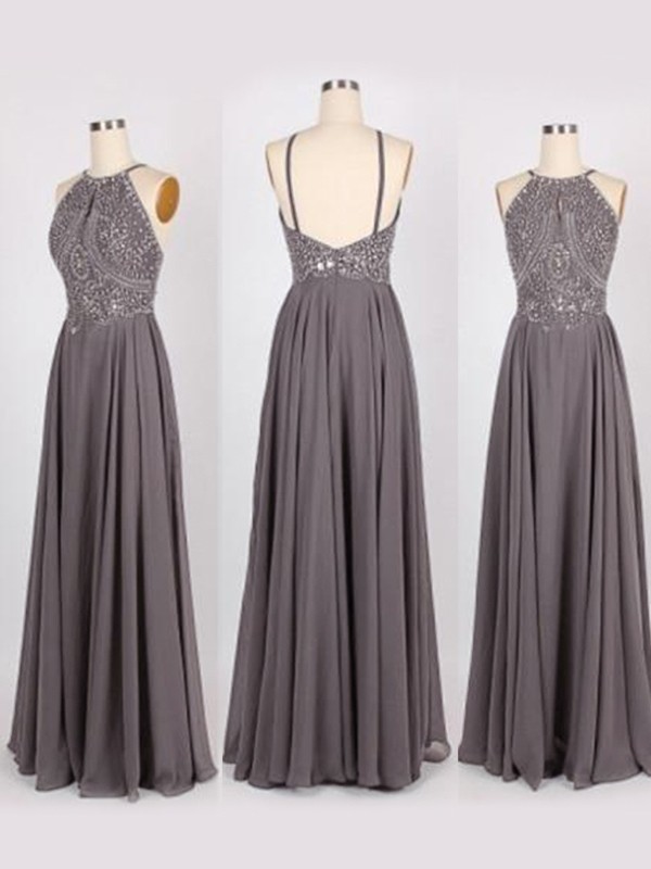 A-Line/Princess Halter Sleeveless Floor-Length Beading Chiffon Dresses 3610