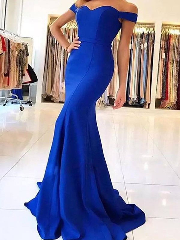 Trumpet/Mermaid Off-the-Shoulder Sleeveless Sweep/Brush Train Ruffles Stretch Crepe Dresses 7164