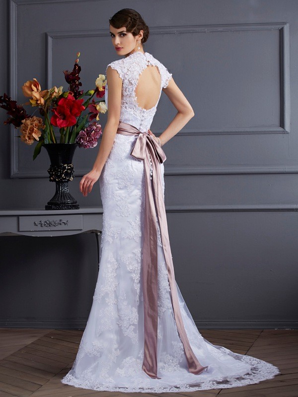 Trumpet/Mermaid Sleeveless Applique Long Satin Wedding Dresses 2011