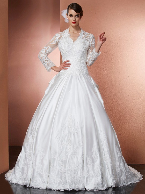 A-Line/Princess V-neck Long Sleeves Applique Long Satin Wedding Dresses 1872